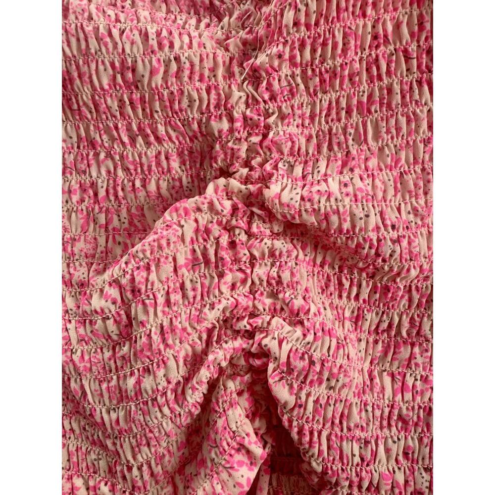 pink floral‎ smocked blouse cottagecore ruched tie front top xs - Picture 3 of 9